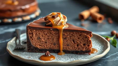 Decadent chocolate cheesecake with caramel drizzle served on a decorative plateの素材