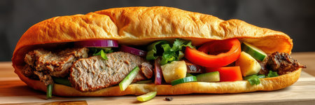 Delicious sandwich filled with savory ingredients topped with fresh vegetables served on a soft bunの素材