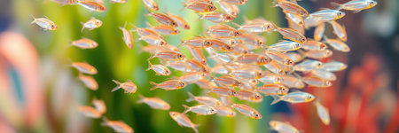 Vibrant shoal of small silver fish swimming among aquatic plants in a well-maintained aquarium settingの素材