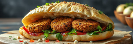 Delicious falafel sandwich served with fresh vegetables on a wooden surfaceの素材