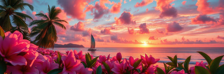 A sailboat sails on a calm ocean under a vibrant sunset, with lush palm trees and pink flowers in the foregroundの素材