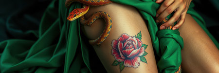 Vibrant tattoo of a rose with a snake intertwined on a models thigh while draped in rich green fabricの素材