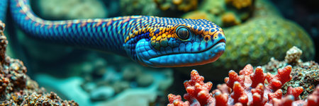 Colorful marine life captured in vibrant reef environment featuring a blue and orange fish near coralの素材