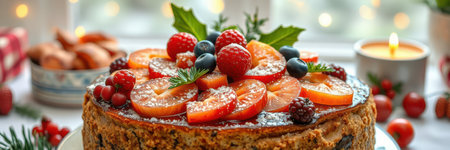 Seasonal fruit cheesecake topped with vibrant berries and citrus on a festive tableの素材