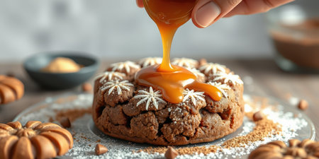 Delicious dessert preparation with caramel drizzle on chocolate cake decorated with white icing flowersの素材