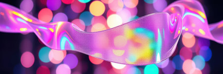 Colorful glowing ribbon against a backdrop of vibrant bokeh lights creating a lively festive atmosphereの素材