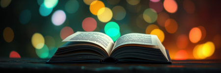 Open book with illuminated pages resting on a table amidst colorful bokeh lights in a cozy atmosphereの素材