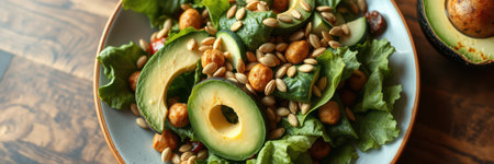 Fresh salad with avocado, greens, and toppings served on wooden table during a bright afternoonの素材