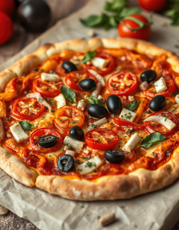 Delicious tomato and olive pizza freshly baked ready to enjoyの素材