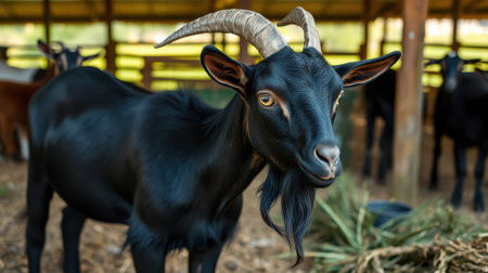 Black goat with striking features and unique beard in a rustic barn setting during daylight hoursの素材