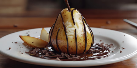 Delicious poached pear dessert with chocolate sauce served on a white plate at a cozy restaurantの素材