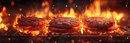 Three juicy burgers are cooking over an open flame on a grillの素材