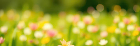 Vibrant wildflowers bloom in a sunny meadow during springtime, creating a colorful landscape full of life and natural beautyの素材