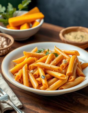 A bowl of penne pasta with a creamy sauce, served on a wooden tableの素材