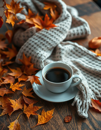 Cozy autumnal afternoon with warm coffee and scattered golden leaves on a rustic tableの素材