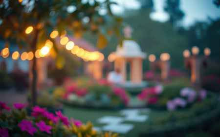 Softly lit garden at dusk with blooming flowers and decorative lights creating a serene atmosphere for evening gatheringsの素材