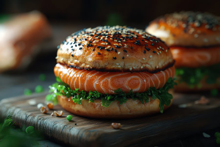 A close-up of a salmon burger with sesame seeds on a wooden boardの素材