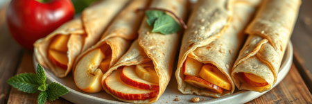 Apple and banana crepes on a white plate with a red apple and a sprig of mintの素材