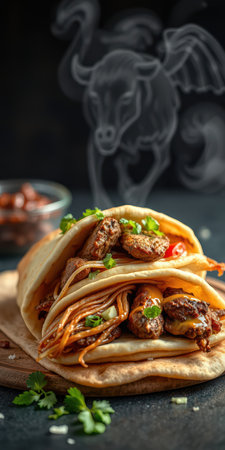 Flavorful tacos filled with grilled meat and fresh toppings served in warm tortillas with aromatic herbsの素材