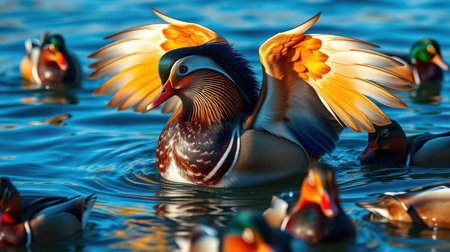 Colorful mandarin duck spreads wings amidst a group of ducks in a serene pond during sunriseの素材