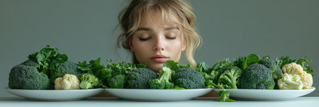 A woman is smelling broccoli and cauliflower on three platesの素材