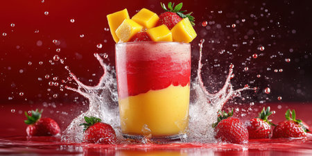 Refreshing mango and strawberry smoothie with splashes on a vibrant red backgroundの素材