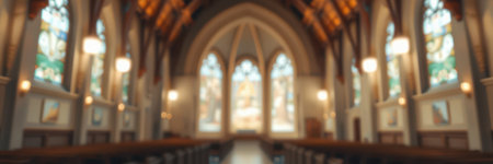 Beautiful interior of a historic church featuring stained glass windows and wooden beams during daylight hoursの素材