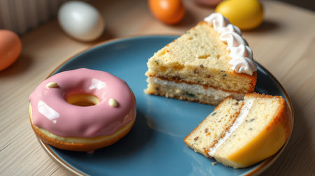 Delicious desserts displayed on a plate featuring a pink donut, slice of cake, and mini cakes with colorful eggs in the backgroundの素材