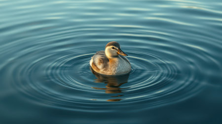 Duckling swims gracefully in calm water with ripples reflecting sunlightの素材