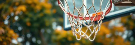 Basketball hoop surrounded by autumn trees during an afternoon game in a local parkの素材