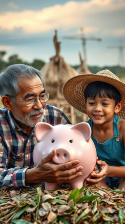 Elderly man and child share a moment while saving money with a pink piggy bank in a rural setting during sunsetの素材