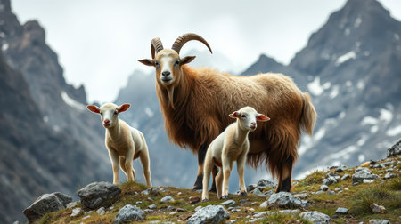 Mountain goats and their young kids grazing in a rocky alpine landscape under cloudy skiesの素材