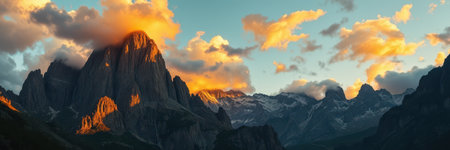Golden clouds illuminate the peaks of a mountain range at sunsetの素材