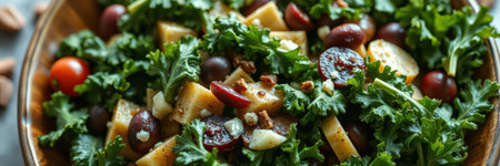 Fresh kale salad with grapes, apples, and nuts served in a wooden bowlの素材