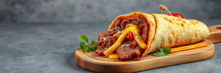 Delicious beef burrito with melted cheese and fresh ingredients served on a wooden boardの素材