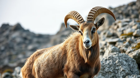 Majestic mountain goat standing on rocky terrain with stunning natural backdropの素材