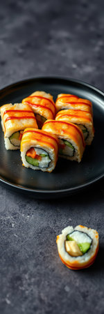 Sushi rolls with avocado and crab meat are displayed on a black plateの素材