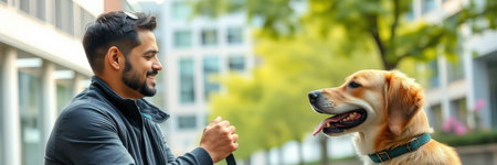 A bearded man, wearing a dark jacket, is seen walking his golden retrieverの素材
