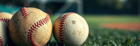 Baseballs resting on green turf before a practice session at a local baseball field during a sunny afternoonの素材