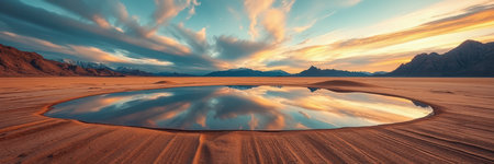 A tranquil desert scene unfolds under a vibrant sunset skyの素材