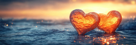 Two fiery hearts rest gently on ocean waves during a breathtaking sunsetの素材