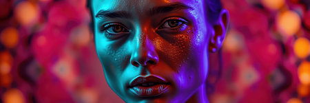 Close-up portrait of a woman illuminated by vibrant neon lights against a colorful backgroundの素材