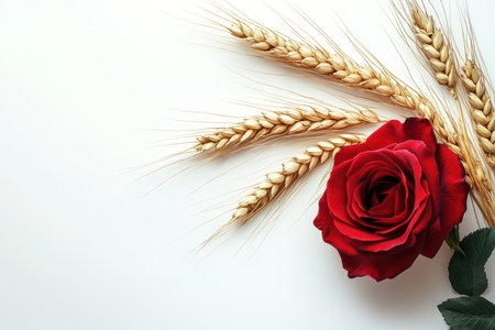 A single red rose and a few stalks of wheat lie together on a white backgroundの素材