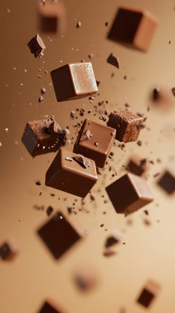 Chocolate squares fall through the air, creating a delicious cloud of cocoa dustの素材