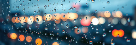 Rain droplets on a window with a blurred cityscape in the background during evening hoursの素材