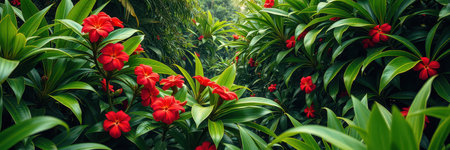 Red flowers bloom among green leaves in a tropical forestの素材