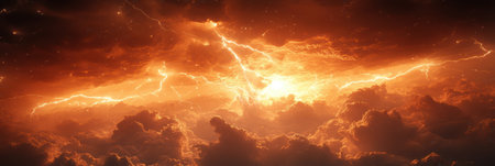 Lightning streaks across the sky during a dramatic sunsetの素材