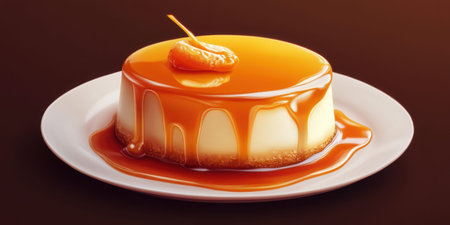 Creamy caramel flan served on a white plate with a golden topping at a dessert showcaseの素材