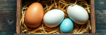 Colorful eggs placed in a rustic wooden box filled with straw for spring celebrationの素材