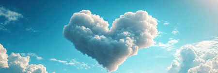 A fluffy, white cumulus cloud forms a distinct heart shape in a vibrant blue skyの素材